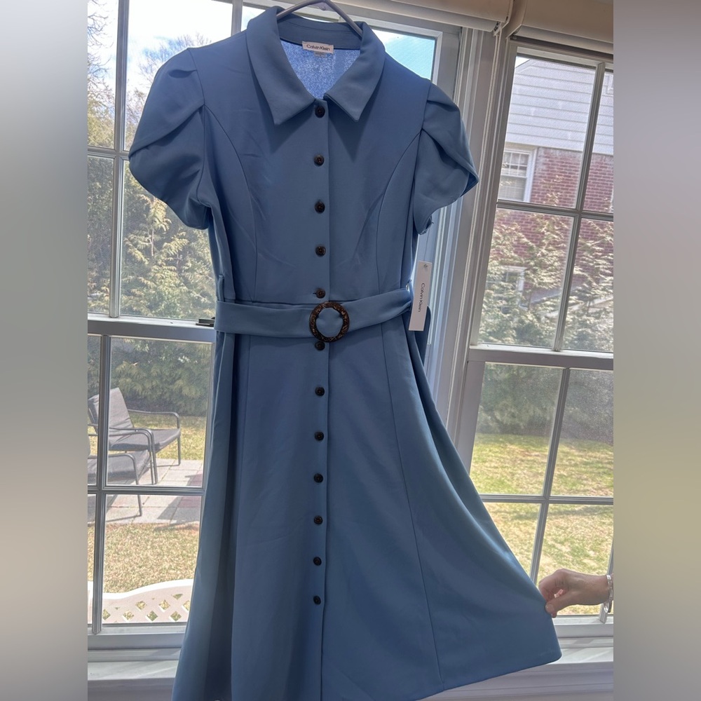 NWT Calvin Klein Light Blue Button-Front Midi Dress with Belt